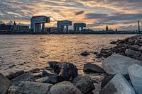 Crane houses in Cologne on the Rhine during sunset