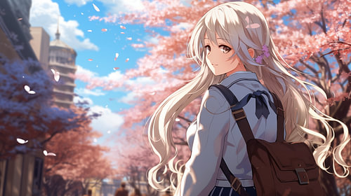 Une lycéenne d'anime courant sous les cerisiers en fleurs