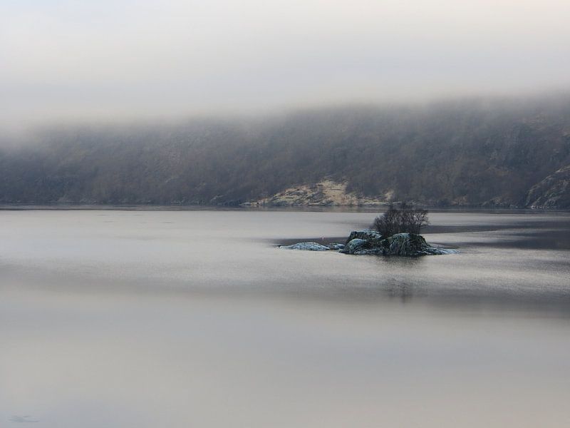 Green Rocks in a foggy Fjord van SuperB Design