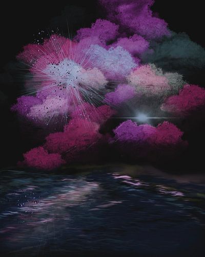 De magie van de nacht, een poort naar een wereld vol fantasie en verwondering: semi-abstract landschapschilderij aan zee met een mysterieuze lucht