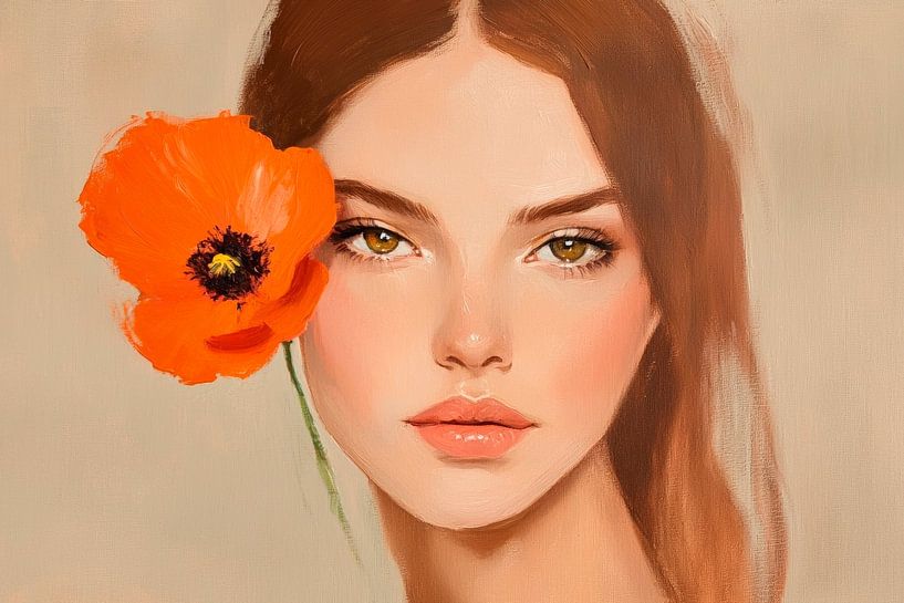 Porträt einer Frau mit Mohnblüte von Poster Art Shop