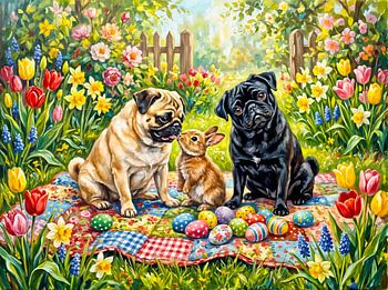 Verspielte Illustration eines Hundes beim Osterpicknick