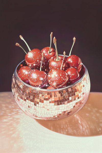 Cerises pétillantes dans un bol en forme de boule disco par Melloi Art Prints
