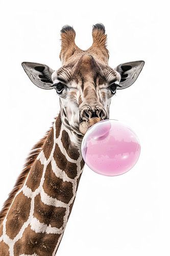 Giraffe blaast roze kauwgom tegen een witte achtergrond