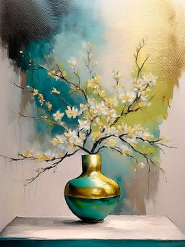 Japandi still life painting, White blossom on vase by Studio Pieternel