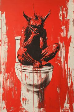 Demon Op Toilet in Ruwe Expressionistische Street-Art Stijl van Eva Lee