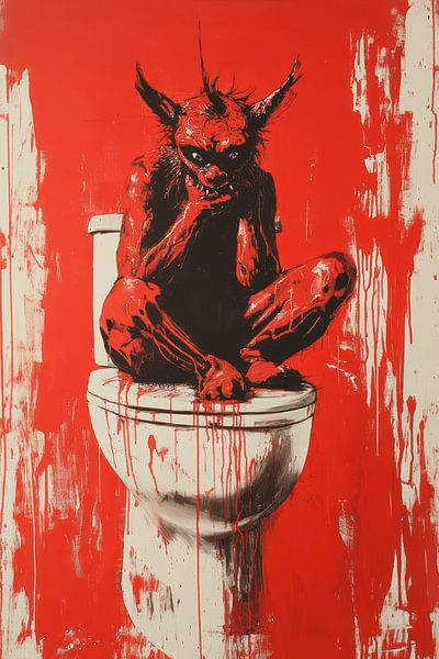 Dämon auf Toilette im rauen expressionistischen Street-Art-Stil von Eva Lee