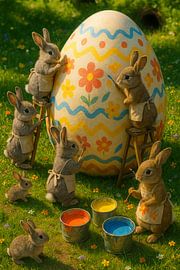 D'adorables lapins décorent un œuf de Pâques dans un jardin printanier en fleurs sur But First Framing