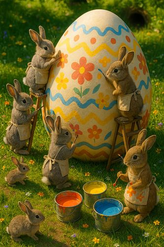 D'adorables lapins décorent un œuf de Pâques dans un jardin printanier en fleurs