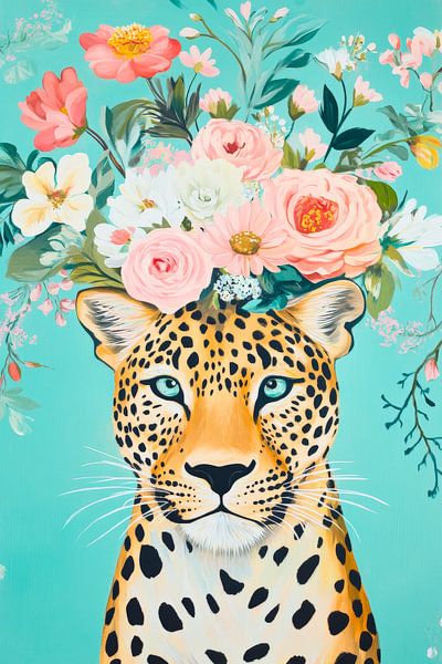 Portrait of a leopard with a wreath of flowers by Poster Art Shop