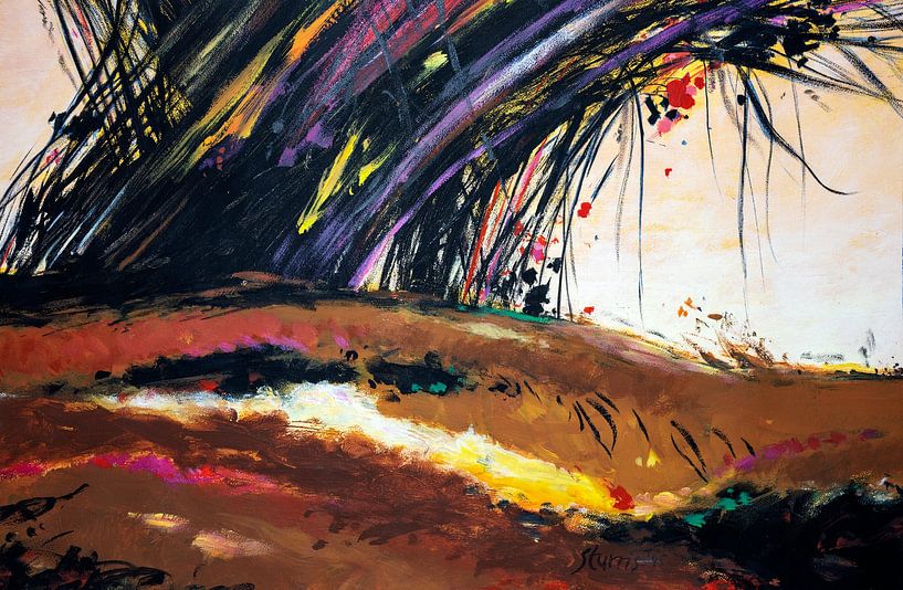 Surrealistisch landschap met struiken en bomen - Acryl op papier van Galerie Ringoot