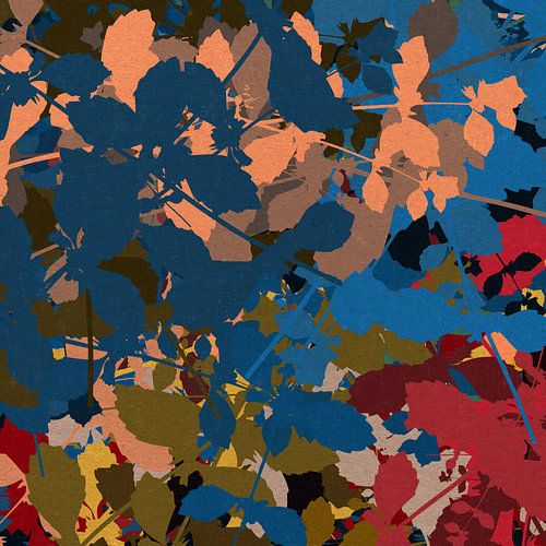 Kleurrijke abstracte botanische kunst. Bladeren in wijnrood, koraal, blauw, groen.