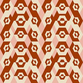 Geometrisches Retro-Muster der 70er Jahre in Goldbraun, Weiß und Rosa. von Dina Dankers