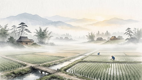 Misty Morning Rice Fields in a Traditional Japanese Countryside