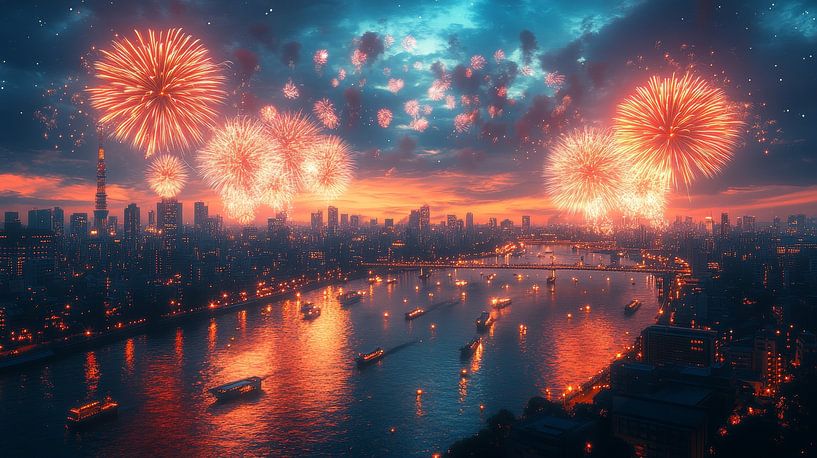 Vuurwerk boven de stad van Lufy