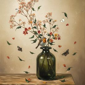 Rotkehlchen auf Vase - Öl-Stillleben von By Marjolein Design