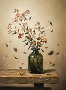 Rotkehlchen auf Vase - Öl-Stillleben