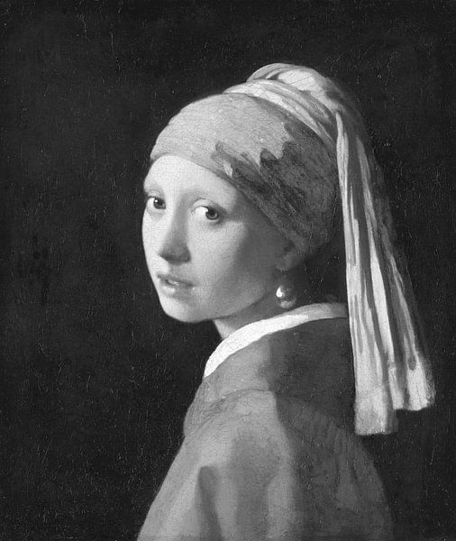 Das Mädchen mit der Perlenohring in schwarz-weiß, Johannes Vermeer von Marieke de Koning