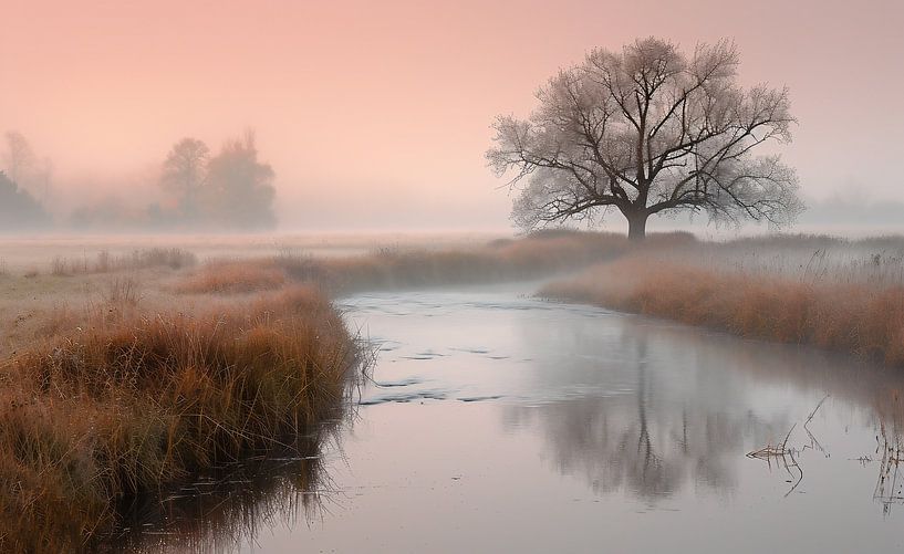 Herfstrivier gehuld in mist van fernlichtsicht