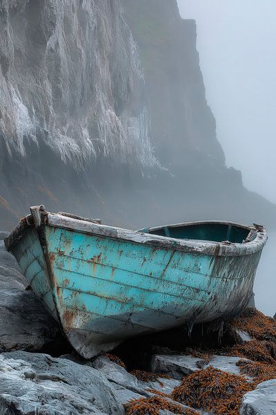 Verlassenes Boot im Nebel – Küstenszene von Poster Art Shop