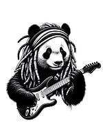 Rasta Panda with electric guitar black and white drawing