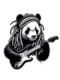 Rasta Panda avec guitare électrique Dessin en noir et blanc sur KI Kunst