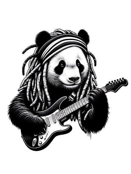 Rasta Panda with electric guitar black and white drawing by KI Kunst