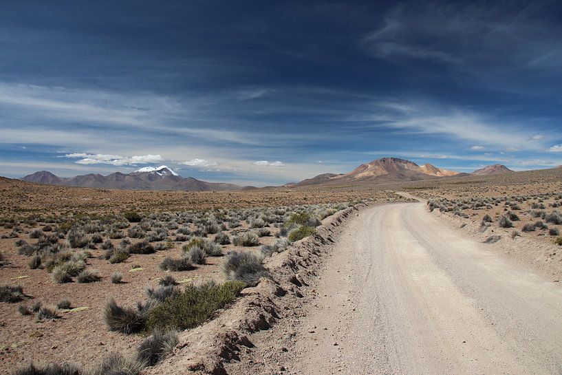 Ungepflasterte Straße über das Altiplano in Bolivien mit den Anden im Hintergrund von A. Hendriks