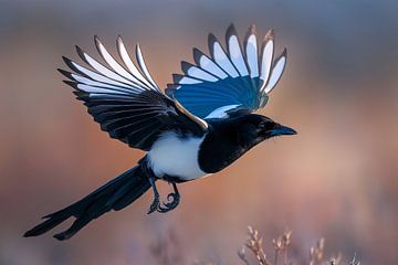 Een vliegende ekster (Pica pica)