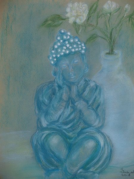 Stillness. Pastel drawing of a meditating Buddha. . by Ineke de Rijk