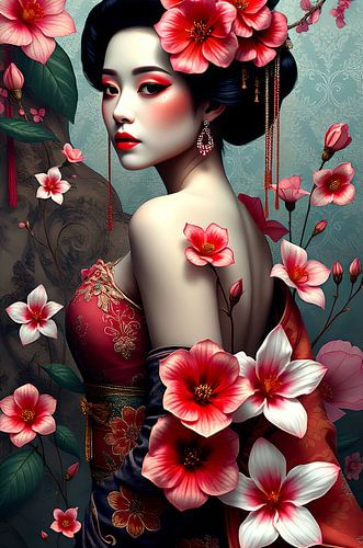 Geisha oosterse vrouw met bloemen