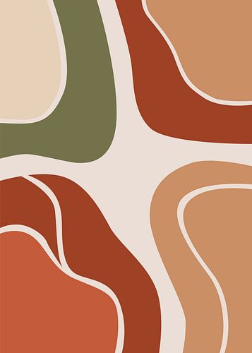Minimalistische, platte abstracte illustratie van vloeiende organische vormen en golvende lijnen in bohemienstijl.