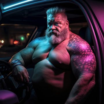 Getatoeëerde sterke man in neonlicht van BEARpictureart