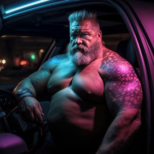Strongman tatoué sous la lumière des néons