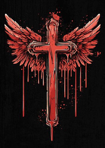 Croix rouge avec ailes d'ange sur fond noir