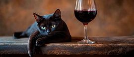 Black cat next to red wine - Cosy by Poster Art Shop