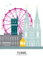 Skyline illustration city of Tilburg in colour (with funfair)