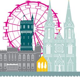 Skyline illustration city of Tilburg in colour (with funfair) by Mevrouw Emmer