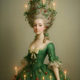 Rococo kerstvrouw met kaarsen – klassiek portret in groene feestjurk van But First Framing