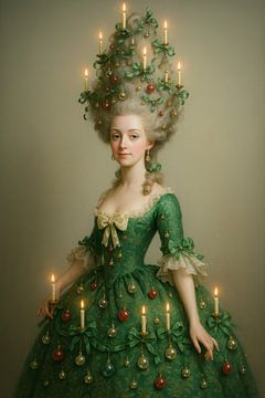 Rococo kerstvrouw met kaarsen – klassiek portret in groene feestjurk