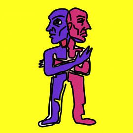 Étreinte abstraite néo-expressionniste entre deux figures fragmentées sur Aden Pink Studio