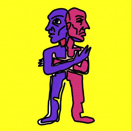Étreinte abstraite néo-expressionniste entre deux figures fragmentées