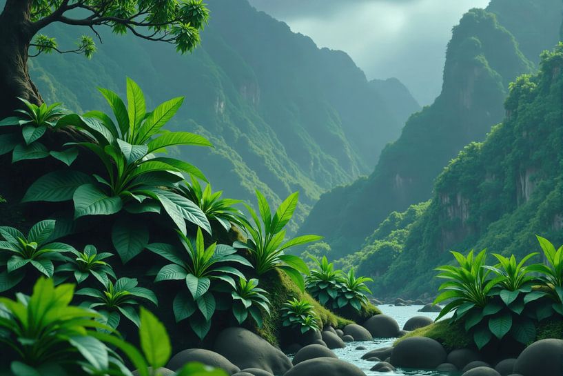 Paysage de la vallée d'une rivière tropicale avec une végétation abondante par Markus Gann