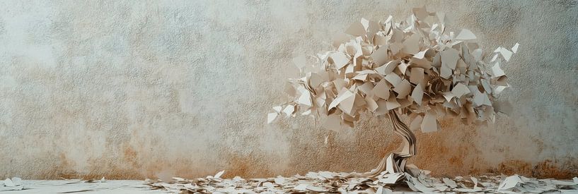 Panorama d'un arbre en papier contre un mur usé par les intempéries par Digitale Schilderijen