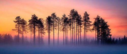 Arbres dans le brouillard au coucher du soleil
