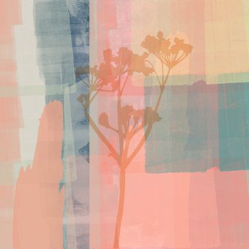 Modern abstract botanical art in pastel colors. Coral, pink, yellow, blue by Dina Dankers