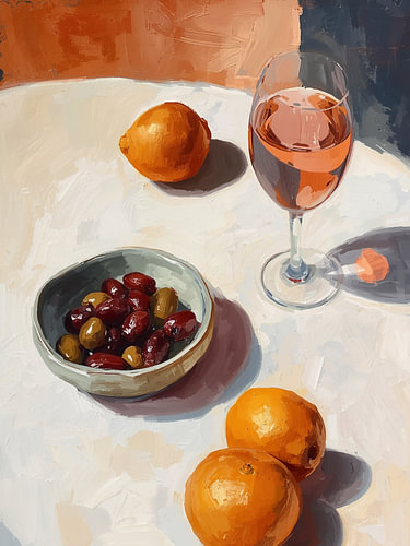 Still life with olives, citrus fruits and rosé by Kim Karol / Ohkimiko