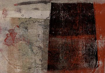 Botanische wabi-sabi op linnen. Zwart, verbrand oranje en taupe. van Dina Dankers