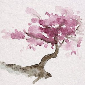 Japanse boom met roze kersenbloesem (aquarel schilderij sakura Japan bloemen romantisch lente prunus