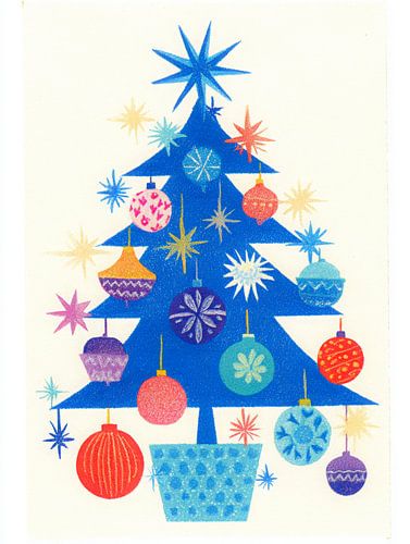 Arbre de Noël bleu joyeux avec des ornements en verre colorés dans un style rétro ludique